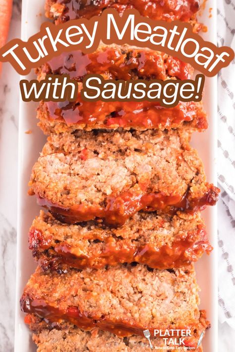 A pan of meatloaf. Ground Turkey And Ground Sausage Recipes, Turkey Sausage Meatloaf, Ground Turkey And Pork Meatloaf, Turkey And Sausage Meatloaf, Turkey And Pork Meatloaf, Meatloaf With Ground Turkey, Ground Turkey And Sausage Recipes, Ground Turkey Sausage Recipes, Turkey Sausage Recipes Healthy