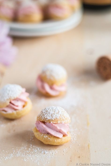 Mini Profiteroles with Strawberry Cream. Profiteroles are one of my favorite desserts. I could probably eat them every day and not get bored of them. Why I  haven’t made any in months is a wonder. Profiteroles Recipe, Strawberry Cream Puffs, Bite Size Desserts, Tea Party Food, Small Desserts, Strawberry Cream, Pastry Desserts, Cream Puffs, Pastry Recipes