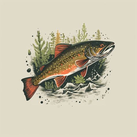 Trout Illustration Vintage, Brook Trout Painting, Brook Trout Drawing, Simple Trout Tattoo, Brook Trout Art, Brown Trout Painting, Brook Trout Tattoo, Trout Wallpaper, Trout Drawing