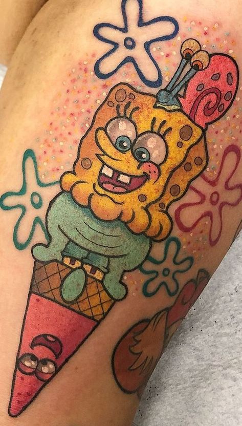 Spongebob Tattoo Ideas, Spongebob Tattoo, Fan Tattoo, Epic Tattoo, Cloud Tattoo, Doodle Tattoo, Bff Tattoos, Red Tattoos, Funny Tattoos