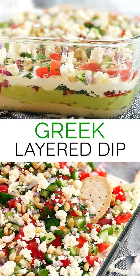 No Dairy Dips, Greek Dip Appetizer, Italian Dips Appetizers, Healthy Dips And Appetizers, Mediterranean Dips, Avocado Sour Cream, Gluten Free Dips, Hummus Avocado, Layered Dip