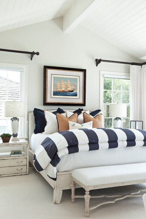 Nautical Bedroom with Large Sailboat Painting Coastal Style Bedroom, Beach Style Bedroom, Nautical Bedroom, Beach Themed Bedroom, Beach House Bedroom, Beach House Interior Design, Popular Interior Design, Interior Design Per La Casa, Decor Ikea