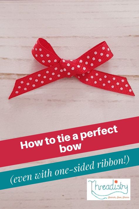 Here's a quick and easy method to tie a bow that works perfectly every time, even with one-sided ribbon! Great for adding some flair to your craft projects, whether it's sewing. wedding or paper crafts. Easiest Bows To Make, How To Tie A Flat Bow With Ribbon, Flat Ribbon Bow, Bow For Ornament, Make Small Bows With Ribbon, Tying Small Bows, Tie Small Bow, How To Tie A Tiny Bow With Ribbon, How To Tie A Bow With Ribbon On A Card