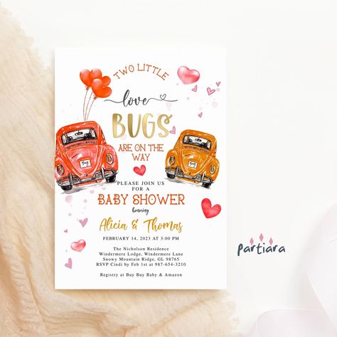 "Twin Love Bugs Invite Baby Shower Invitation Boy Girl Sweetheart Invites Printable Vintage Car Orange Yellow Decor Editable Download P121 NOTE - THE HEADER IS NOT EDITABLE ★★ THE COLLECTION ★★ To see more from this cute collection, take a look here: http://etsy.me/3hgKE7r TRY OUT THE FREE DEMO BEFORE YOU BUY!  Copy and paste the URL into your browser to Demo: https://www.corjl.com/d/2A5A4D A sweet Retro VW Beetle Twin Love Bugs Baby Shower invitation in orange and yellow, perfect for any little Baby Shower For Twins Boy And Girl, Twin Boy And Girl Baby Shower Ideas, Boy And Girl Baby Shower Ideas, Twin Shower Themes, Twin Baby Shower Ideas Theme, Twins Baby Shower Ideas, Twin Baby Shower Ideas, Twin Boy And Girl Baby Shower, Twin Baby Shower Decorations