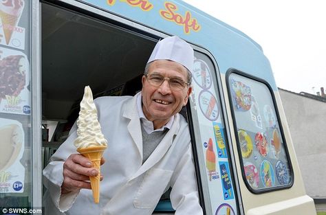 World's longest serving ice cream man is finally hanging up his scoop and retiring after fifty years and more than TWO MILLION conesPaul Salamone, 75, has been behind wheel of ice cream since 1965His first cones with a flake cost just 4d  - now they cost £1.50Iced empire stretches to six vans and own ice cream manufacturing plantRead ... Ice Cream Man, Art Assignments, Ice Cream Van, Superhero Team, Best Superhero, Stephen Amell, Ice Cream Scoop, Back In The Day, Ice Blue