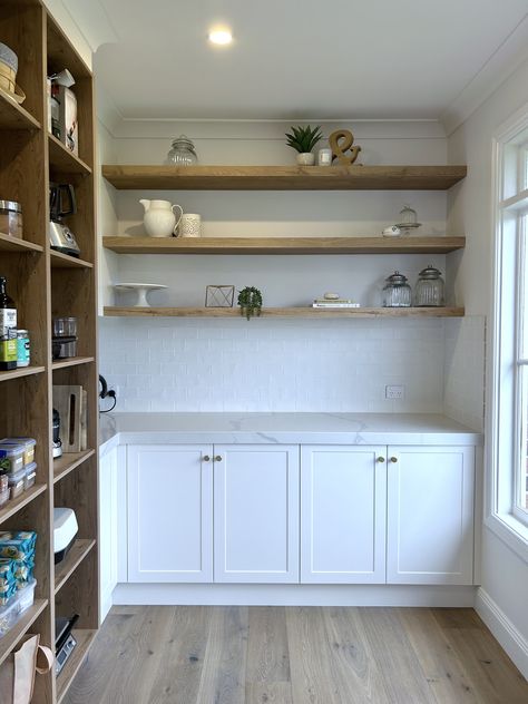 Custom designed and manufactured walk in pantry, with 16mm thick lamiwood open adjustable shelves and 'shaker' poly doors. 55mm thick floating lamiwood shelves. #wip #butlerspantry #butlerspantryideas #butlerspantrygoals #butlerspantryinspo #kbecastlehill #kitchensbyemanuel #custombutlerspantry #pantryinspo #custompantry #customstoragespace #openshelving #kitchenideas #walkinpantrydesign #walkinpantrygoals Butlers Pantry Open Shelves, Butlers Pantry Floating Shelves, Butler Pantry Door, Walk In Pantry Storage, Bar In Pantry, Diy Butlers Pantry, Floating Shelves Pantry, Kitchen Wall Pantry, Open Shelving Pantry