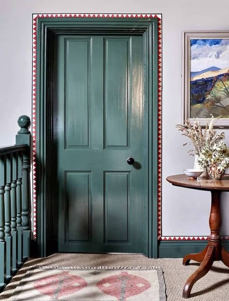 Painted Door Archway, Wallpaper On Doors Panels, Stencil Around Doorway, Folk Art Doorway, Hallway With Painted Doors, Painting Around Door Frame, Painted Doorways Interior, Painted Inside Doors, Door Frame Painting Ideas