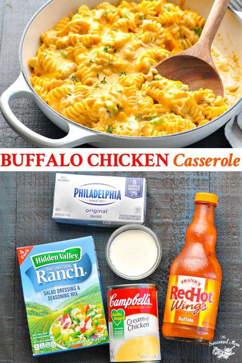 Creamy and smooth with just a little bit of heat, this Buffalo Chicken Casserole is an easy dinner recipe that the whole family can enjoy! Zesty Ranch seasoning balances cheesy pasta and kickin' buffalo sauce for a flavorful meal with just 20 minutes of prep. #easydinner #chicken #casserole #casserolerecipes Chicken Casserole Dinners, Zesty Ranch, Buffalo Chicken Casserole, Diner Recept, Cheesy Pasta, Easy Dinner Recipe, Tailgate Food, Chicken Pasta Recipes, Ranch Seasoning