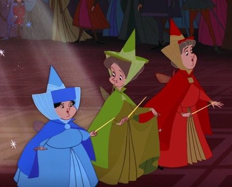 Flora, Fauna, and Merriweather Flora Fauna And Merryweather, Disney Sidekicks, Sleeping Beauty Fairies, Sleeping Beauty 1959, Animation Disney, Images Disney, 65th Anniversary, Disney Fairy, Film Disney