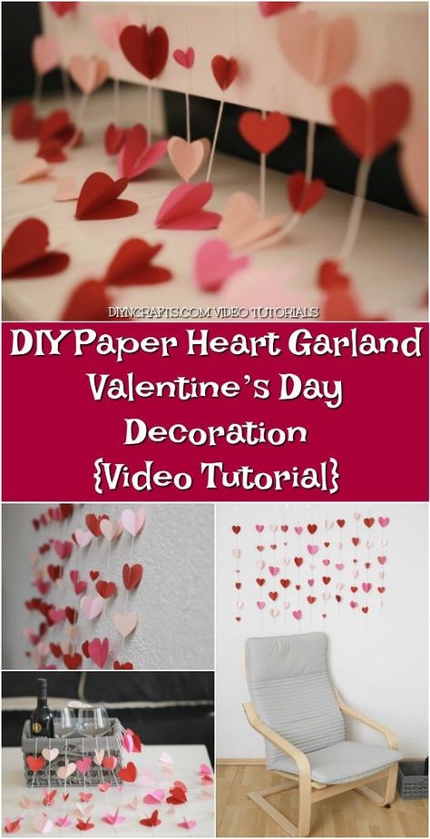 DIY Paper Heart Garland - Valentine’s Day Decoration {Video Tutorial} - Searching for the perfect way to transform any room for Valentine’s Day? In this video tutorial, you can learn how to make romantic wall décor using construction paper and thread. It’s an easy craft made out of simple supplies, but the results are gorgeous! Watch now. Decoration Video, Paper Heart Garland, Paper Wall Decor, Paper Craft Videos, Heart Garland, Diy And Crafts Sewing, Diy Papier, Diy Origami, Paper Garland