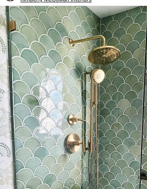 Bathroom Mermaid Tile, Sea Green Bathroom Tiles, Mermaid Tile Bathroom, Sea Green Bathroom, Sea Green Bathrooms, Mermaid Tiles, Glass Tile Shower, Classic Bathroom Furniture, Mermaid Tile