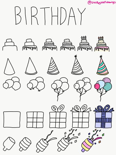 Drawing, drawing, doodle, doodling, step by step, how to, how to draw, bullet journal, design idea, theme, bullet journal theme ideas, bullet journal design idea, birthday, celebration, party, cake, present, party popper, confetti, balloons, party hat Simple Doodles Birthday, Birthday Bulletin Journal Ideas, How To Draw A Birthday Present, Birthday Cake Doodle Drawing, Drawing Theme Birthday Party, Planner Doodles Step By Step, How To Draw A Birthday Cake Step By Step, Simple Birthday Doodles, Birthday Things To Draw