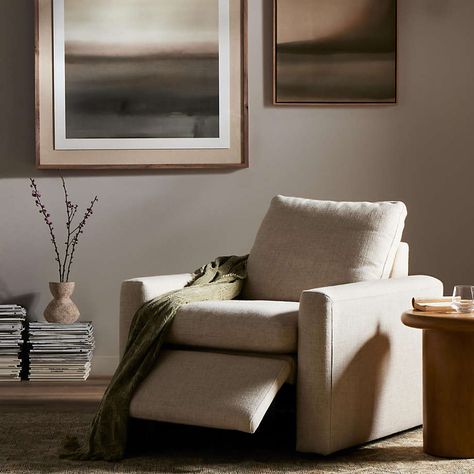 Tillery Antigo Natural Fabric Power Recliner Accent Chair | Crate & Barrel Macys Recliners, Recliner In Bedroom Corner, Living Room Chairs With Ottomans, Cozy Living Room Accent Chairs, Office Accent Chair Ideas, Organic Modern Living Room Accent Chairs, Recliner Chair In Bedroom, Living Room Designs Recliners, Styling Recliners