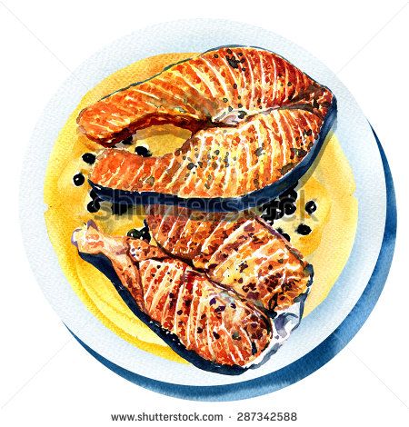 grilled salmon with black pepper, fried fish on white plate, watercolor painting on white background - stock photo Fish Food Art, Cooked Fish Drawing, Fish On A Plate Drawing, Food Infographic Design, Fish Steak, Recipe Book Design, Fish Clipart, Fried Salmon, Foodie Art