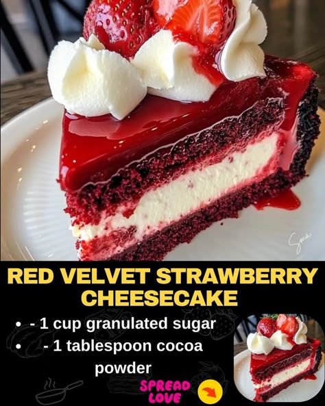 Red Velvet Strawberry Cheesecake Strawberry Cheesecake Cake, Red Velvet Strawberry, Red Velvet Cheesecake Cake, Strawberry Mousse Cake, Cheese Sauces, Cheesecake Ingredients, Strawberry Cheesecake Recipe, Good Desserts, Velvet Cheesecake