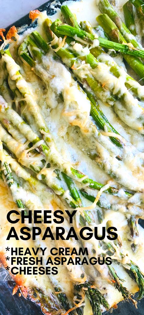 Cheesy Asparagus oven baked with garlic, heavy cream, and cheese for a delicious ooey, gooey and perfect side dish that is keto friendly and ready to be devoured.  #asparagus #recipeoftheday Cheesy Baked Asparagus, Cheesy Asparagus, Asparagus Side Dish, Salty Side Dish, Asparagus Recipes Oven, Best Asparagus Recipe, Asparagus Casserole, Asparagus Dishes, Creamed Asparagus