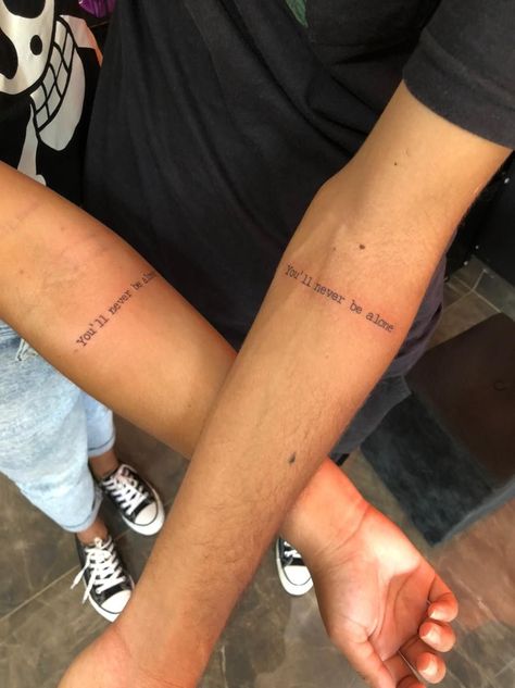 Never Be Alone Shawn Mendes tattoo |   matching couple tattoos xo Brother Sister Tattoo Aesthetic, Matching Phrases Tattoo, Quote Matching Tattoos, Sister’s Tattoo, Unique Tattoos For Best Friends, Tattoos To Get For Your Brother, Brother Tattoos For Sister, Bro Tattoo Ideas, Tattoo For Sister And Brother