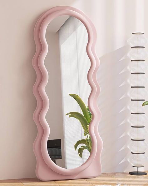 Amazon.com: ITSRG Floor Mirror with Stand, Full Length Mirror Wall Mounted, Full Length Floor Mirror, Standing Mirror Full Length, Irregular Wavy Mirror, Flannel Wrapped Wooden Frame Mirror (Pink) : Home & Kitchen Preppy Mirrors, Small Appartement, Blush Pink Bedroom Decor, Cuarto Aesthetic, Wooden Frame Mirror, Stand Up Mirror, Pink Living Room Decor, Mirror Standing, Cute Mirror