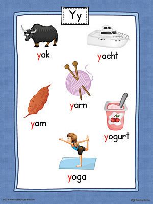 Letter Y Word List with Illustrations Printable Poster (Color) Worksheet.Use the Letter Y Word List with Illustrations Printable Poster to play letter sound activities or display on a classroom wall. Y Sound Words, Y Letter Words, Y Words For Kids, Y Words List, Alphabet Sound Activities, Preschool Language Arts, Kids Learning Alphabet, Jolly Phonics Activities, Beginning Letter Sounds