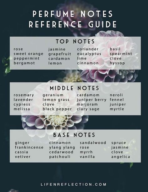 Use this printable perfume notes guide to make your own perfume with essential oils! Notes Reference, Natural Perfume Recipes, Perfume Blends, Essential Oil Perfumes Recipes, Perfume Versace, Homemade Perfume, Perfume Recipes, Diy Perfume, Herbal Magic