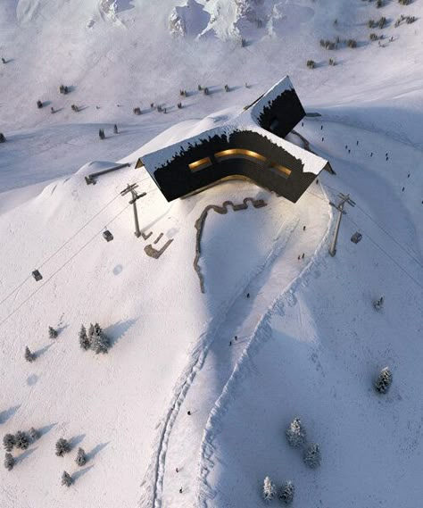 a sloping rooftop twists into a curving surface, highlighted inside with an expressive timber structure. Ski Lodge Architecture, Iceland Cabin, Iceland Architecture, Mountain Arch, Mountain Resort Architecture, Hotel Mountain, Ski Hut, Ski Park, Ice Land