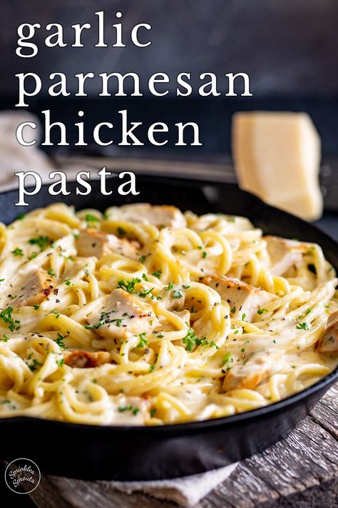 This Garlic Parmesan Chicken Pasta is a great family meal that can be on the table within 30 minutes. Tender chunks of chicken and spaghetti smothered in an irresistible creamy garlic parmesan sauce. It's a dish that screams comfort food. Pair this pasta dish with some crusty bread, a simple side salad, or veggies, and you have a delicious, easy weeknight dinner that will become a sure family favorite. Creamy Garlic Chicken Pasta, Chicken And Spaghetti, Simple Side Salad, Garlic Parmesan Chicken Pasta, Parmesan Chicken Pasta, Creamy Garlic Parmesan Sauce, Garlic Chicken Pasta, Garlic Parmesan Pasta, Garlic Parmesan Sauce