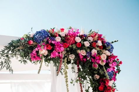 Bright Pink And Blue Wedding Flowers, Blue And Fuschia Wedding, Blue And Hot Pink Wedding, Blue Willow Wedding, Chuppah Wedding, Blue Flowers Decor, Bright Pink Wedding, Pink Wedding Receptions, Blue Bridesmaids Dresses