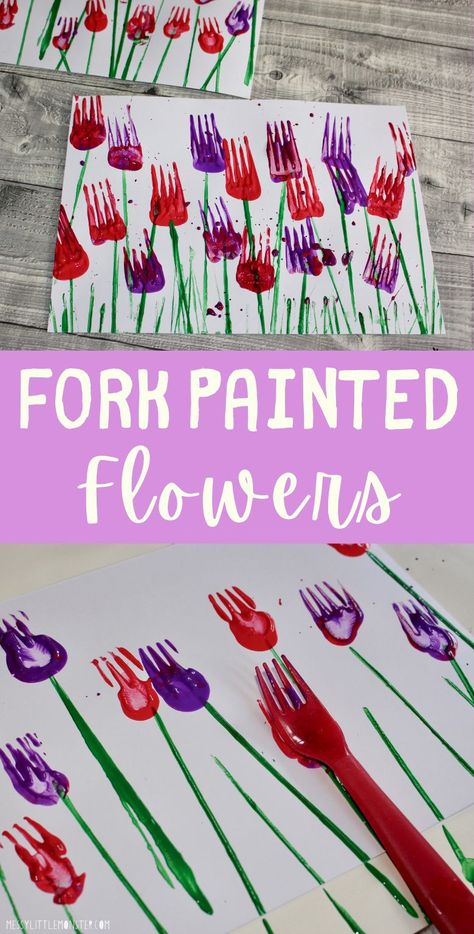 Fork painting for kids. Fork flower painting. Growing Gardens Crafts For Toddlers, Fork Painting For Kids, Fork Painting, Process Art For Kids, Process Art Preschool, Fork Crafts, Preschool Rules, Preschool Painting, Preschool Garden