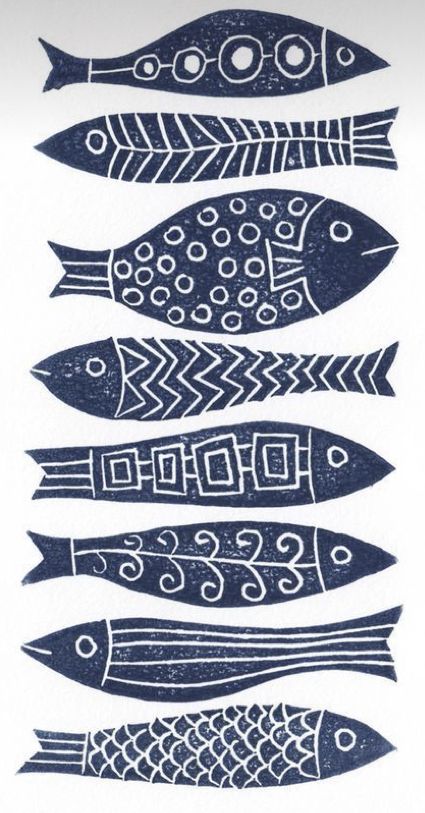 Block Print Fish, Easy Linocut Prints Ideas, Lino Print Ideas Easy, Lino Print Pattern, Lino Cut Prints, Fish Packaging, Fish Stamp, Lino Ideas, Fish Prints