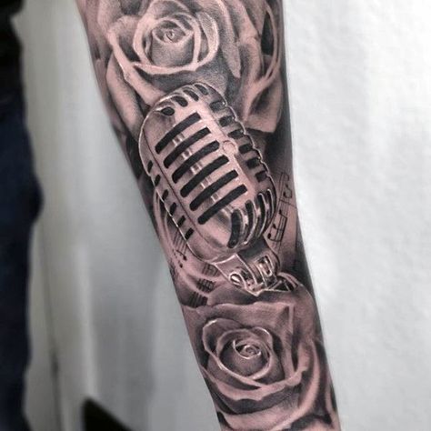 Microphone Tattoo, Unique Half Sleeve Tattoos, Music Tattoo Sleeves, Tattoo Music, Full Sleeve Tattoo Design, Forearm Sleeve, Music Tattoo Designs, Inspiration Tattoo, Tattoos Geometric