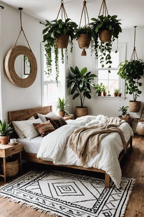 Bedroom With Plants, Boho Style Bedroom Decor, Boho Style Bedroom Ideas, Bohemian Bedroom Ideas, Style Bedroom Ideas, Bedroom Plants Decor, Bohemian Bedrooms, Bedroom Board, Jungle Bedroom