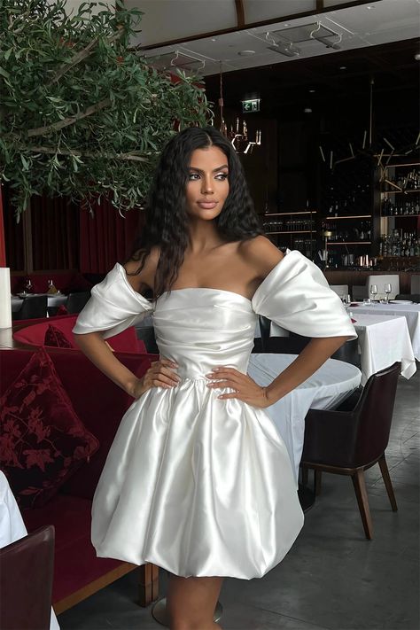 Cathy White Satin Off the Shoulder Wedding Dress Women Mini Skirt A-line vestidos de noiva Short Wedding Dress Women, Off The Shoulder Wedding Dress, Luxurious Dress, Shoulder Wedding Dress, Puffy Skirt, Draped Bodice, Luxurious Dresses, Satin Long Sleeve, Small Handbag