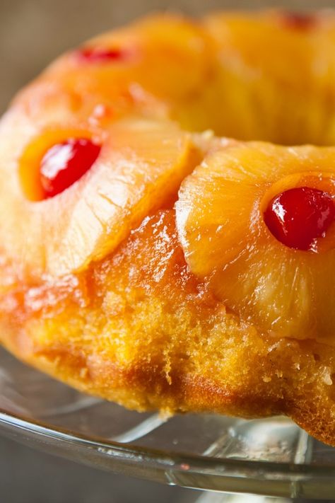 Betty members love this new version of a classic pineapple upside-down cake! “My family devoured it after dinner and wanted another one,” says Minuet. “It was moist, flavorful and easy to make.” Using a Bundt pan helps create a perfect, pretty ring of pineapple and cherries. Bundt Pan Recipes, Pineapple Upside Down Cake, Pineapple Upside, Pineapple Upside Down, Pineapple Cake, Bundt Cakes Recipes, Bundt Pan, Upside Down Cake, Food Cakes