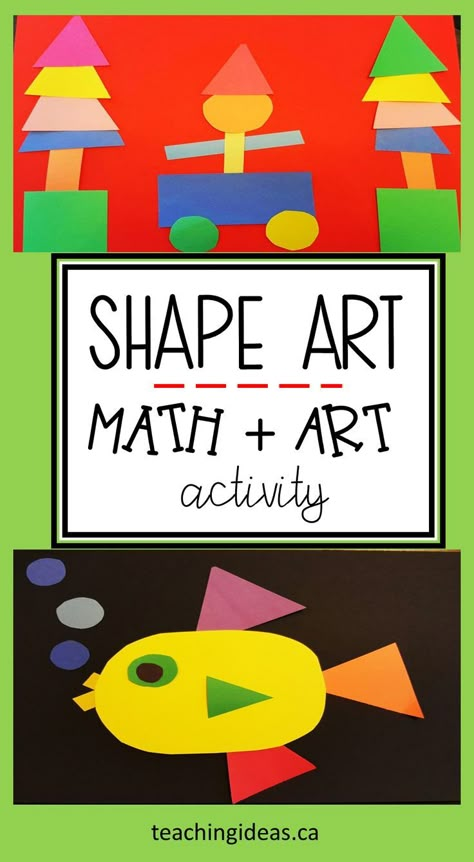 Shape Activities Elementary, Kindergarten Shapes Art Project, Prek Shape Art Lessons, Math Arts And Crafts Preschool, Shape Lessons For Kindergarten, Math Projects Preschool, Shape Activities For Prek, Art For Grade 1 Ideas, Building With Shapes Preschool