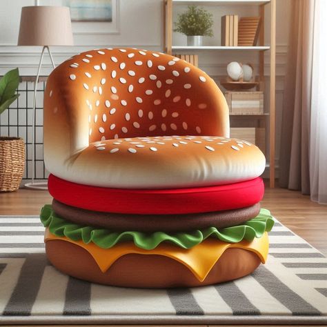 Whimsical Whopper: Add Flavor to Your Space with a Cheeseburger Chair Cheeseburger Lounge Chair 🍔🪑🌟 #BurgerSeating #FastFoodComfort #DeliciousDesign Sink into comfort with the Cheeseburger Lounge Chair. This unique seating option takes inspiration from everyone's favorite fast food indulgence, offering a cozy and whimsical spot to relax. Elevate your lounging experience with the Cheeseburger Lounge Chair, where every sit-down feels like a delicious escape into comfort. 🍟🍔🛋️ https://luxarts.... Fun Lounge Chair, Furniture Shaped Like Food, Burger Costume, Crazy Furniture, Food Furniture, Unique Chairs, Weird Furniture, Unique Seating, Unusual Furniture