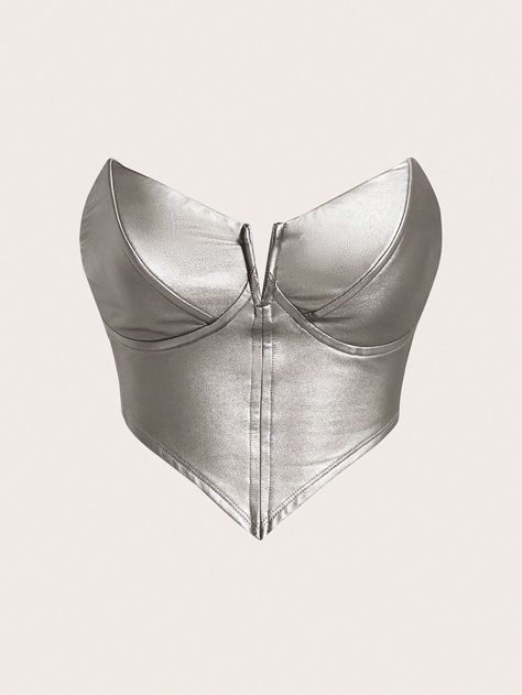 Silver Party Collar Sleeveless PU Leather Plain  Embellished Slight Stretch  Women Clothing Shein Icon, Silver Party, Hanky Hem, Tumblr Fashion, Embellished Top, Halloween Disfraces, Women Tops, Tube Top, Pretty Outfits