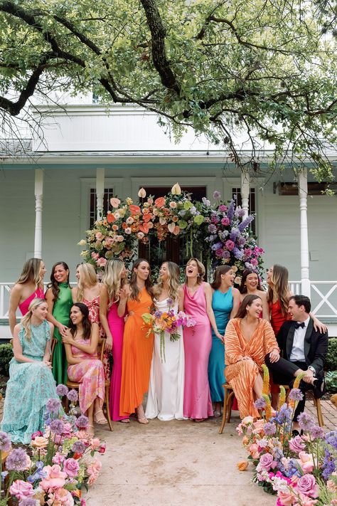 Colorful wedding day inspiration at Mattie's in Austin, Texas | Luxury wedding details and stationery design. | Owl & Envelope Rainbow Bridesmaids, Modern Gardening, Wedding Palettes, Wildflower Wedding Theme, Multicolor Wedding, Garden Sanctuary, Bright Wedding Colors, Dress Code Wedding, Bright Wedding