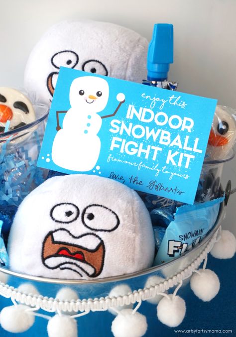 DIY Indoor Snowball Fight Kit | artsy-fartsy mama Snowball Games, Melted Snowman Cookies, Indoor Snowballs, Melted Snowman, Snowman Cookies, Free Printable Tags, Snowman Faces, Diy Cans, Creative Craft