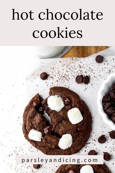 Xmas Baking Ideas, Hot Chocolate Cookie Recipes, Milk Chocolate Chip Cookies, Xmas Baking, Hot Cocoa Cookies, Hot Chocolate Cookies, Cookies Easy, Cocoa Chocolate, Chocolate Cookie Recipes