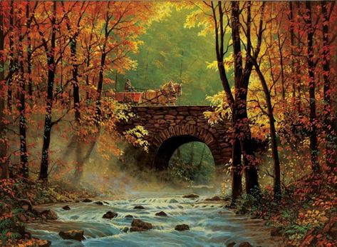 Autumn Bridge, Autumn Tale, Horse Wagon, Bridge Painting, Underwater Painting, Thanksgiving Art, Horse Artwork, Stone Bridge, Mountain Stream