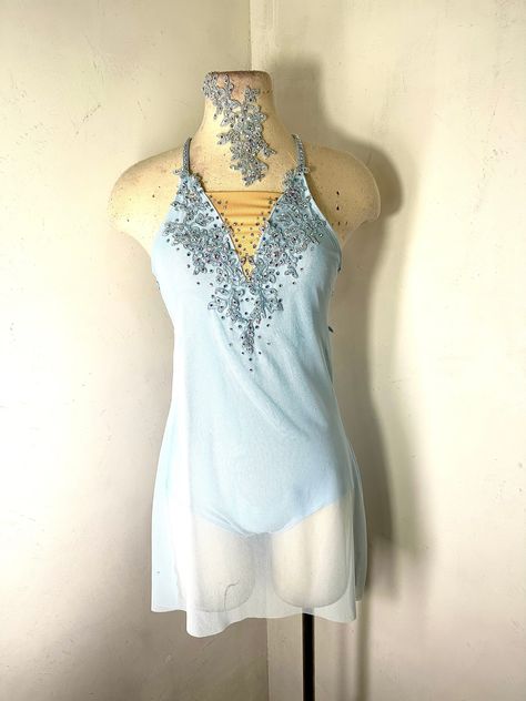 Lyrical dance dress, dance Costume, custom lyrical Dance Costume, competition Dance Costume, dance costume, solo dance costume  Sky Blue lyrical dance dress, This dance costume has a fully lined leotard underneath the mesh dress, as well as sky blue appliques and many colors and sizes of preciosa crystal ab rhinestones. This sky blue custom lyrical Dance Costume is made to your measurements which need to be included within the personalization section of your order along with any notes and notati Custom Dance Costumes Dress, Lyrical Dance Dresses Short, Slip Dress Dance Costume, Senior Solo Dance Costume, Lyrical Solo Costumes, Blue Lyrical Dance Costumes, Blue Lyrical Costume, Lyrical Dance Costumes Solo, Dance Costumes Jazz