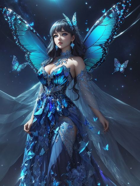 Butterfly Oc, Winged Woman, Woman Goddess, Blue Butterfly Wings, Delicate Butterfly, Blue Wings, Woman Drawing, Ethereal Beauty, Character Portraits