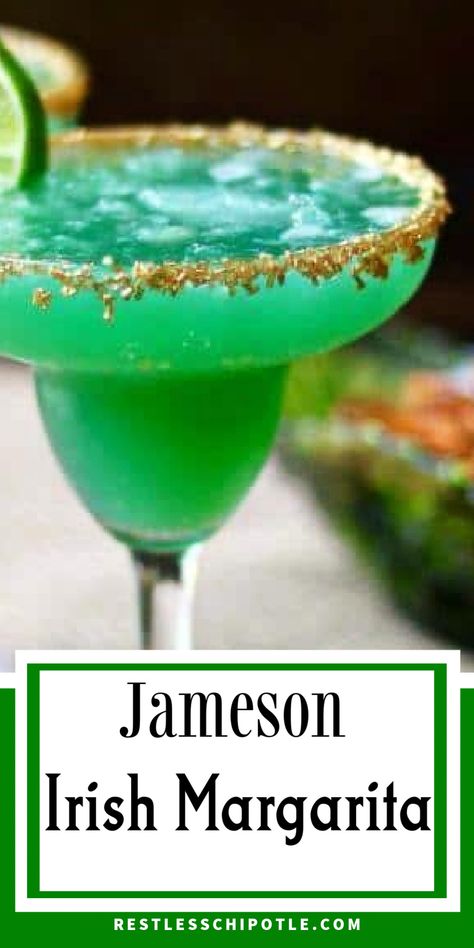 Close up of a green margarita. Jameson Margarita Recipe, Green Whiskey Drink, Jameson Whiskey Drinks Cocktail Recipes, Green Margarita Recipe, Irish Margarita, Green And Gold Cocktail, Green Alcoholic Drinks, St Patty's Day Drinks, Jameson Whiskey Drinks