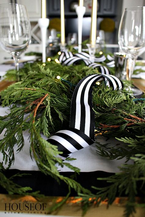 Black And White Xmas Table Settings, Black White Gold Christmas Table Setting, Black White Christmas Table, Christmas Tablescapes Elegant, Tablescape Christmas, House Of Silver Lining, The House Of Silver Lining, 100 Anniversary, Holiday Tablescape