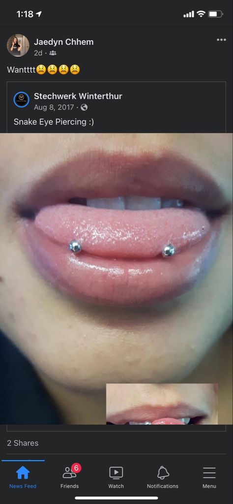 Snakebite Piercing Tongue, Snakes Eyes Piercing, Different Types Of Tongue Piercings, Snack Eyes Tongue Piercing, Baddie Piercing Ideas, Tongue Piercing Snake Eyes, Snake Eyes Piercing Aesthetic, Snack Bites Piercing, Frog Eyes Piercing Tongue