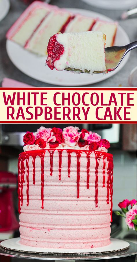 Fluffy White Cake, Raspberry Cake Recipe, Chocolate Raspberry Cake Recipe, Tart Raspberry, White Chocolate Raspberry Cake, Raspberry Cake Recipes, White Chocolate Frosting, Classic Birthday, White Buttercream