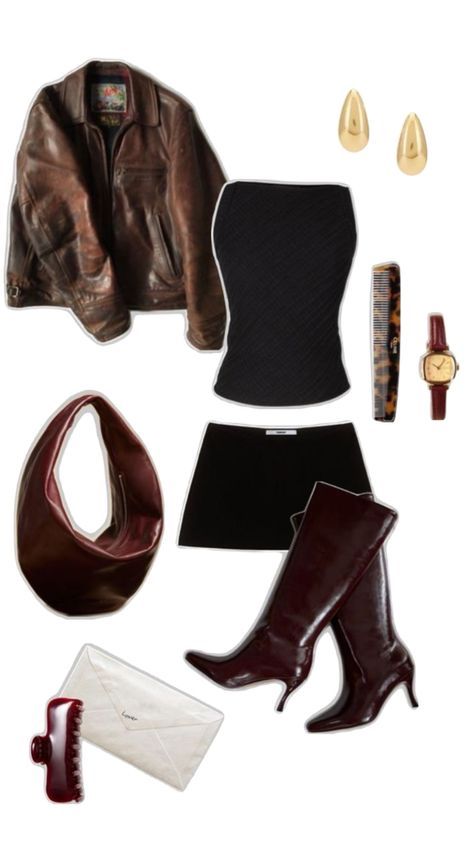 Leather jacket, brown jacket, brown leather jacket, top, tube top, boob tube, black top, black tube top, bandeau top, skirt, mini skirt, black mini skirt , boots, knee high boots, leather boots, red boots, bag, shoulder bag, handbag, brown bag, brown shoulder bag, watch, red watch, earrings, gold earrings, teardrop earrings, comb, claw grip, Outfit Ideas Night Out, Night Out Outfit Classy, Going Out Outfit, Teen Swag Outfits, Girls Fall Outfits, Aesthetic Outfit Ideas, Causal Outfits, Causual Outfits, Simple Trendy Outfits