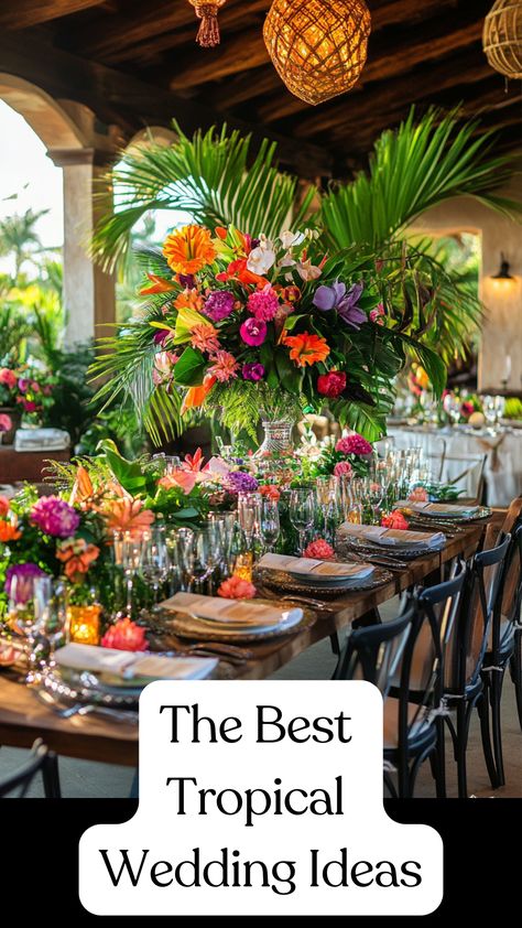 Tropical wedding venue decorated with lush greenery, vibrant flowers, and elegant beach-inspired details, creating an enchanting oasis atmosphere. Jungle Wedding Color Palette, Tropical Beach Wedding Decorations, Tropical Vintage Wedding, Tropical Wedding Theme Table Decor, Tropical Florals Wedding, Tropical Glam Wedding Decor, Wedding Decorations Tropical, Destination Wedding Color Schemes, Paradise Theme Party