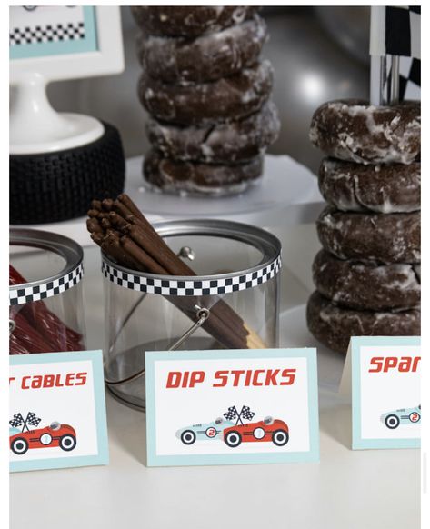 Race Car Birthday Snack Ideas, Two Fast Birthday Vintage, One Year Car Birthday, Race Car Dessert Ideas, Racing Car Party Decorations, Fast Car Birthday Party Ideas, 2 Fast 2 Furious 2nd Birthday Party, Racing 2nd Birthday, Race Car Theme Party Food