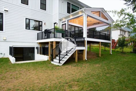 ** This screened porch in Falls Church... features Trex Transcend decking... knotty pine gable cathedral ceiling...ex railing...d Sceeneze screens...!! Trex Deck With Screened In Porch, Deck With Covered Porch, Screen Porch Stain Ideas, Upper Deck Ideas Second Story Screened In Porch, Gabled Screen Porch, Decks With Screened In Porch, Upper Deck Screened In Porch, Partial Screened In Deck, Trex Deck Screened In Porch